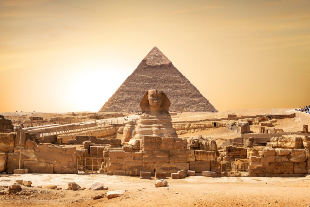 The Pyramids of Giza and the Great Sphinx at sunset