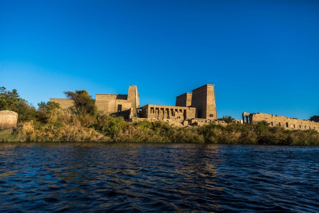 Cruise boats and feluccas on the Nile below Philae, Aswan