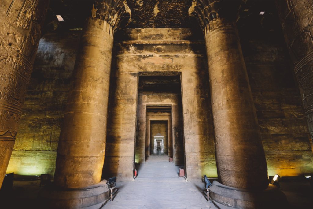A columned hall inside an ancient Egyptian temple